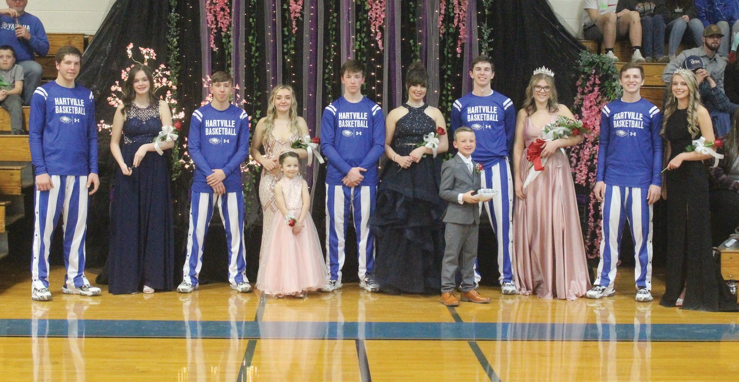 The Hartville High School Homecoming Court. Hartville senior Callie Green, third from right, was crowned Homecoming Queen during ceremonies held last Friday night when the Eagles took on Greenfield. The Homecoming Court, shown, from left: Lane Hughes, Makynna Ghormley, Logan Simpson, Brooklyn Kline, flower girl Hailey Hutsell, Jackson Ward, Breanna Kellum, crown bearer Barrett Horn, Jacob Ballard, 2022 Homecoming Queen Callie Green, Eric Wilson and Jadalyn Keith (retiring queen).